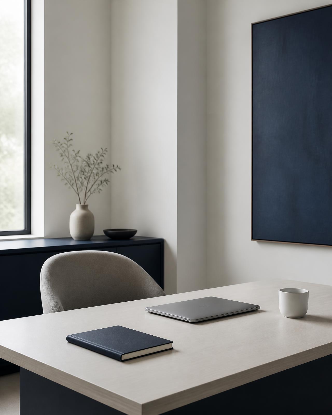 Mesa de trabalho organizada em um escritório claro, com caderno azul-marinho e notebook